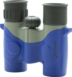 800q-01_110014 The Focus Junior 6x21 Blue/Grey is a blue and grey toy binocular with large eyepieces, a central focus knob and the signature on the right side.
