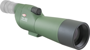 800q-01_111682 Vihreä KOWA Spottingscope TSN-602 -kaukoputki, jossa on suuri linssi, kulmikas okulaari ja tarkennusnuppi, näkyy valkoisella pohjalla.
