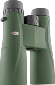 800q-01_112149 KOWA SV II 8X42 -kiikarikiikarissa on keskitarkennuksen nuppi ja kuvioitu kahva, jotka näkyvät pystyasennossa vaalealla pohjalla.