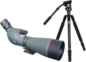 800q-01_113821 The Focus Viewmaster 20-60x80 binoculars with black eyepiece and knobs are on display next to the Sirui R-2004+VH10 black tripod with three adjustable legs and handle.