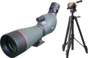 800q-01_116199 The Focus Viewmaster 16-48x65 binoculars with black eyepiece are displayed next to a black Videomate 638 stand with adjustable feet and mounting plate, both set against a white background.