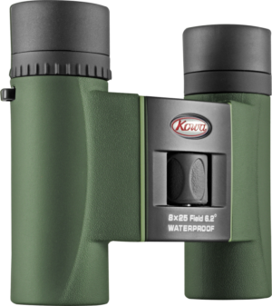 800q-01_117432 The KOWA SV II 8X25 binoculars feature a green waterproof frame, black eyepieces, a central focus selector and the text "Kowa 8x25 Field 6.2° WATERPROOF" on the front.