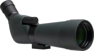 Focus Outdoor 20-60x60 + WF3950 kolmijalka on musta, vaaleanharmaalla pohjalla näkyvä kulmakaukoputki, jossa on kuvioitu kahva, säätönuppi ja suuri objektiivi.