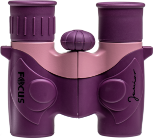 The Focus Junior 6x21 Pink is a purple and pink toy binocular with "FOCUS" on the left and "Junior" on the right, large textured eyepieces and a central focus control.