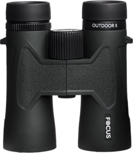 800q-01_124818 Focus Outdoor II 10x42 binoculars with textured handles and a central focusing wheel, shown against a white background.