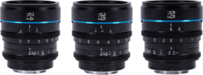 800q-01_126717 The Sirui Cine Lens Nightwalker S35 Kit (24mm, 35mm, 55mm T1.2, L-Mount) in black is shown alongside blue focus rings and white aperture and focus markings.