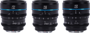 Sirui Cine Lens Nightwalker S35 Kit (24mm, 35mm, 55mm T1.2, L-Mount) mustana näkyy vierekkäin sinisten korostusrenkaiden ja valkoisten aukko- ja tarkennusmerkintöjen kanssa.