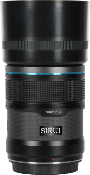 800q-01_126737 Close-up of the Sirui Sniper 56mm f/1.2 AF E-mount (Black) lens, showing its black finish, textured grip rings, blue highlight near the top and clear focal length and aperture markings.