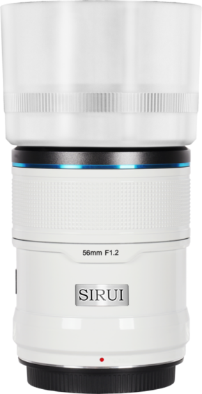 800q-01_126738 White Sirui Sniper 56mm f/1.2 AF E-mount (White) camera lens with blue highlight ring, textured grip and attached clear hood.