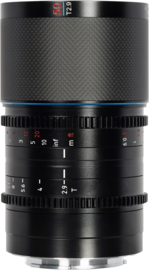 800q-01_126755 Close-up of the Sirui Anamorphic Lens Saturn 50mm 1.6x T2.9 Carbon Fiber FF E-Mount (Blue Flare) with white and red focus and aperture markings, textured grip and blue accent ring near the top.