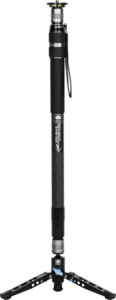 800q-01_127679 The Sirui SVM-165 Rapid System Monopod with black finish, padded handle, extendable parts, wrist strap and foldable tripod stands upright against a white background.