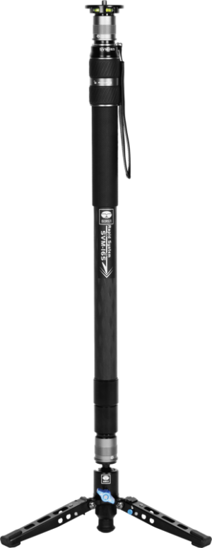 The Sirui SVM-165 Rapid System Monopod with black finish, padded handle, extendable parts, wrist strap and foldable tripod stands upright against a white background.