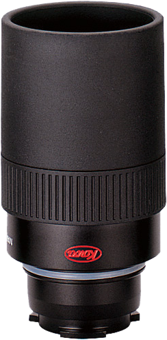 800q-01_4110000128 KOWA Eyepiece for TSN-600/660/82SV 25x LER on musta linssi, jossa on kuvioitu kahva ja punainen logo lähellä pohjaa, kuvassa pystyssä valkoista taustaa vasten.