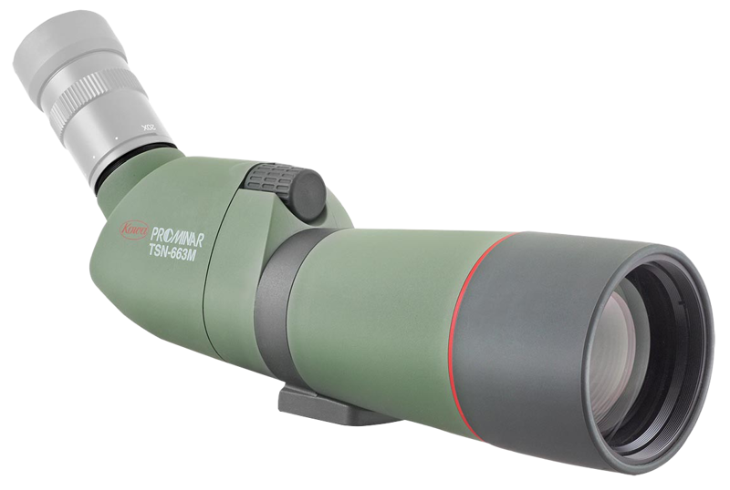 800q-02_103923 KOWA Spottingscope TSN-663M Prominar -kaukoputki on vihreä ja harmaa kaukoputki, jossa on suuri linssi, okulaari ja säätönuppi, ihanteellinen ulkoilmahavainnointiin.