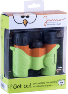 800q-02_106029 Focus Junior 6x21 Green/Orange -kiikarilaatikko, jossa on lapsiystävällinen vihreä ja oranssi muotoilu. Pakkauksessa on sarjakuvasilmät ja siinä lukee: "Lähde ulos ja tutki jännittävää maailmaa ympärilläsi.