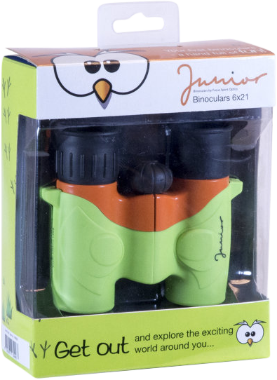800q-02_106029 Focus Junior 6x21 Green/Orange -kiikarilaatikko, jossa on lapsiystävällinen vihreä ja oranssi muotoilu. Pakkauksessa on sarjakuvasilmät ja siinä lukee: "Lähde ulos ja tutki jännittävää maailmaa ympärilläsi.