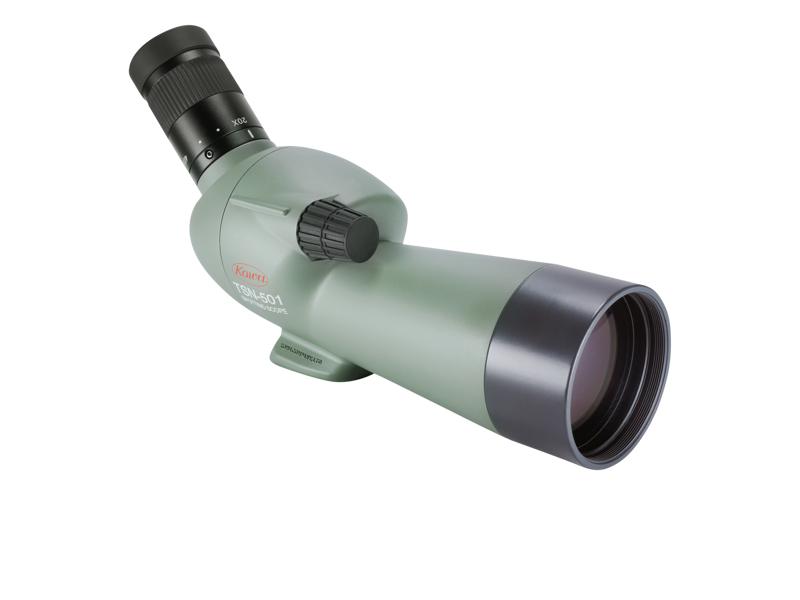 800q-02_108710 The KOWA Spottingscope TSN-501 20-40x is an angled telescope in green with a black eyepiece and an adjustment knob on a white background.