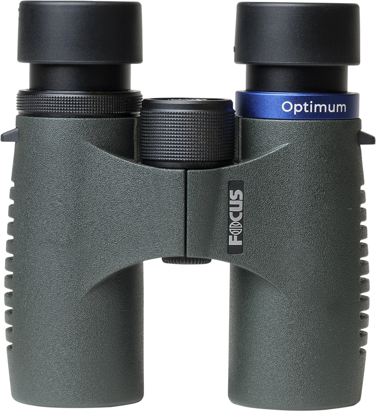 800q-02_117068 Vihreä ja musta Focus Optimum 8x42 VHG ED -kiikari, jossa on kuvioidut kahvat, keskellä oleva tarkennusnuppi ja etupuolella merkinnät "FOCUS" ja "Optimum".