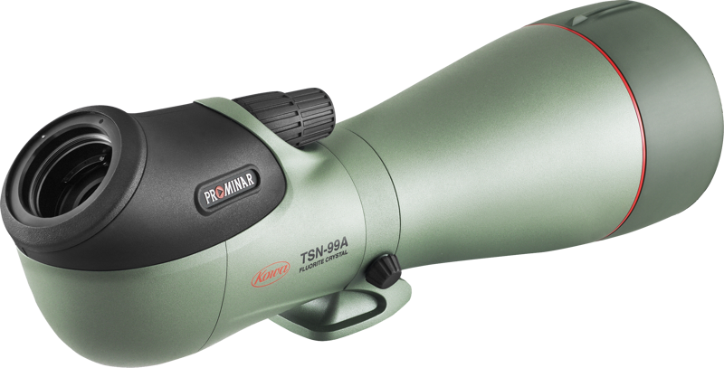 800q-02_117207 The green KOWA Spottingscope TSN-99A PROMINAR Angled telescope with a large objective, black eyepiece and red highlight ring is visible diagonally on a light background.