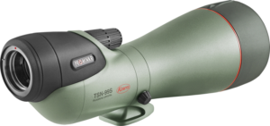 800q-02_117208 KOWA Spottingscope TSN-99S PROMINAR Straight -kaukoputki on vihreä tähtäinlasi, jossa on musta okulaari ja säätönuppi, punainen korostus suuren etulinssin lähellä ja jossa on merkinnät PROMINAR ja TSN-99S.