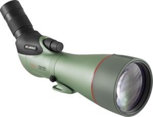 KOWA Spottingscope TSN-99A PROMINAR 30-70xW zoom on vihreä kulmakaukoputki, jossa on suuri objektiivi, säädettävä okulaari ja TSN-99A PROMINAR -brändi sivulla.