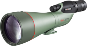 Vihreä KOWA Spottingscope TSN-99S PROMINAR 30-70xW zoom, jossa on suuri etulinssi, musta okulaari ja punainen rengas linssin lähellä. Merkki ja malli on merkitty kylkeen.