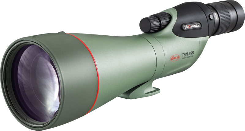 Vihreä KOWA Spottingscope TSN-99S PROMINAR 30-70xW zoom, jossa on suuri etulinssi, musta okulaari ja punainen rengas linssin lähellä. Merkki ja malli on merkitty kylkeen.