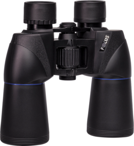 800q-02_118778 The Focus Scenery 7x50 is a black binocular with textured handles and adjustable focus knobs, viewed from the front against a white background.