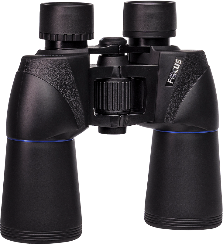 800q-02_118778 The Focus Scenery 7x50 is a black binocular with textured handles and adjustable focus knobs, viewed from the front against a white background.