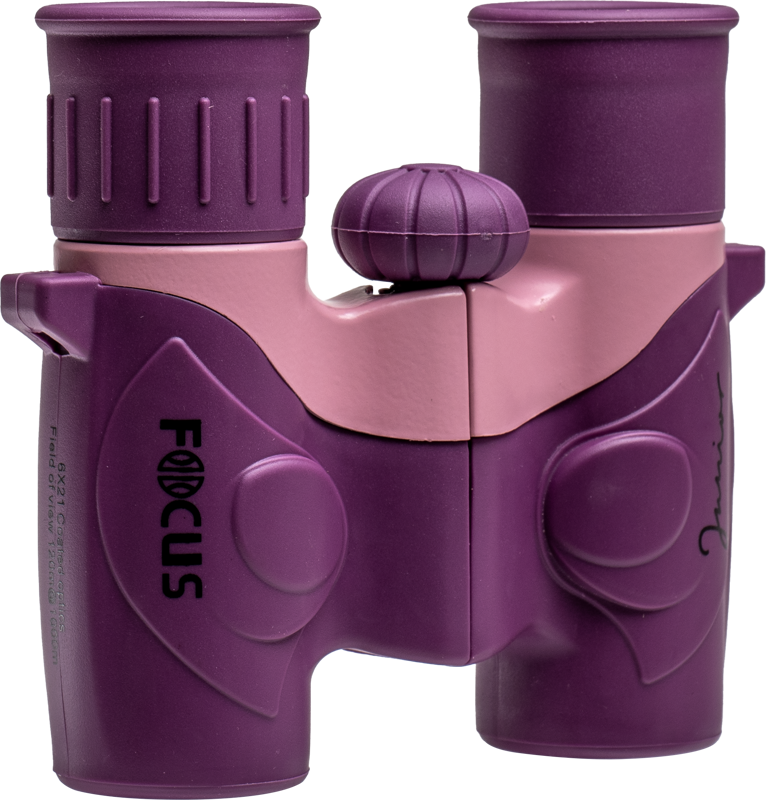800q-02_119778 The Focus Junior 6x21 Pink binoculars feature a purple and pink design with the brand "Focus" on the left side, a textured handle and adjustment knobs for easy handling.
