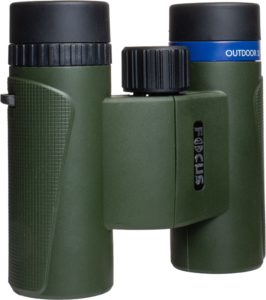 800q-02_121009 The Focus Outdoor II 8x25 binoculars feature a green and black body, textured grip, central focusing wheel and a blue OUTDOOR II ring on one barrel, shown against a white background.