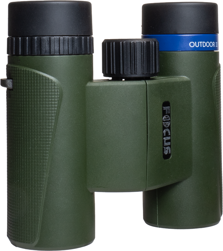 800q-02_121009 The Focus Outdoor II 8x25 binoculars feature a green and black body, textured grip, central focusing wheel and a blue OUTDOOR II ring on one barrel, shown against a white background.