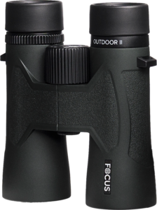 800q-02_124818 Focus Outdoor II 10x42 binoculars with textured grip, centre focus knob and brand mark on the right barrel, shown vertically against a white background.