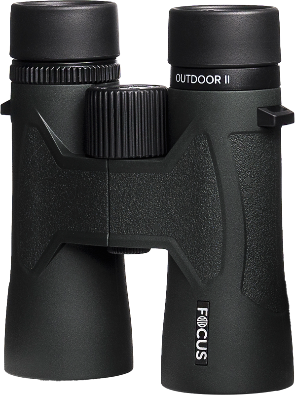 800q-02_124818 Focus Outdoor II 10x42 binoculars with textured grip, centre focus knob and brand mark on the right barrel, shown vertically against a white background.