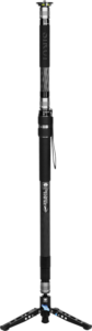 800q-02_127679 Sirui SVM-165 Rapid System Monopod, black and silver, foam grip handle, wrist strap and folding tripod legs at the bottom, stands upright against a white background.