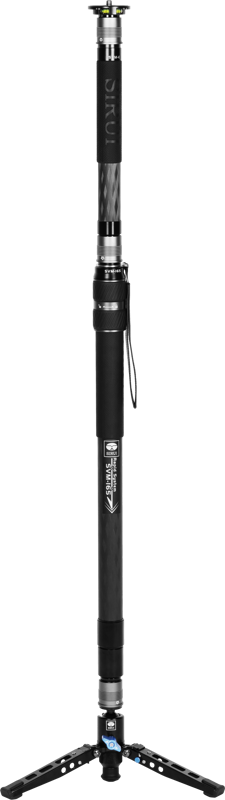 800q-02_127679 Sirui SVM-165 Rapid System Monopod, black and silver, foam grip handle, wrist strap and folding tripod legs at the bottom, stands upright against a white background.
