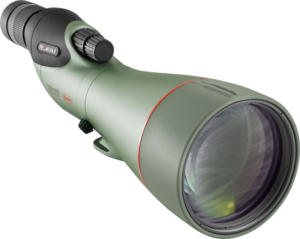Vihreässä KOWA Spottingscope TSN-99S PROMINAR 30-70xW:ssä on suuri objektiivi, kulmikas okulaari ja säätönupit, jotka on suunniteltu ulkotarkkailuun.