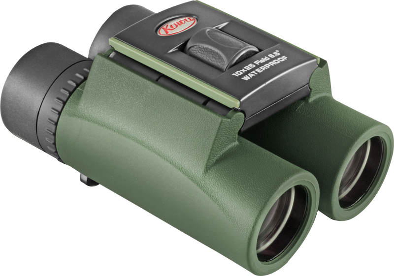 800q-03_117433 KOWA SV II 10X25 -kiikarikiikarissa on vihreät ja mustat kuvioidut kahvat, "10x25 Field 6.5° Waterproof" -merkintä, näkyvä säätönuppi ja kirkkaat linssit. "Kuwfi"-logo näkyy yläreunassa.