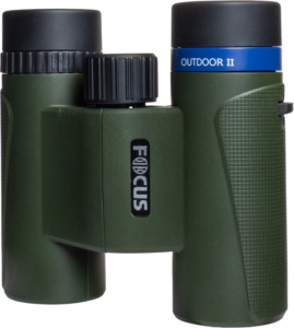 800q-03_121009 Green and black Focus Outdoor II 8x25 binoculars with blue OUTDOOR II band near the eyepiece against a white background.