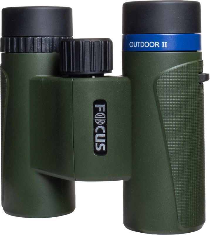 800q-03_121009 Green and black Focus Outdoor II 8x25 binoculars with blue OUTDOOR II band near the eyepiece against a white background.