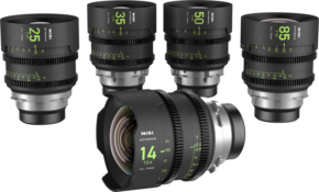 The NiSi Cine Lens Athena Prime 25mm T1.9 PL-Mount lens is displayed among the other lenses, marked by focal length. The arrangement highlights the 14mm lens at the front, angled to bring out the glass and intricate details.