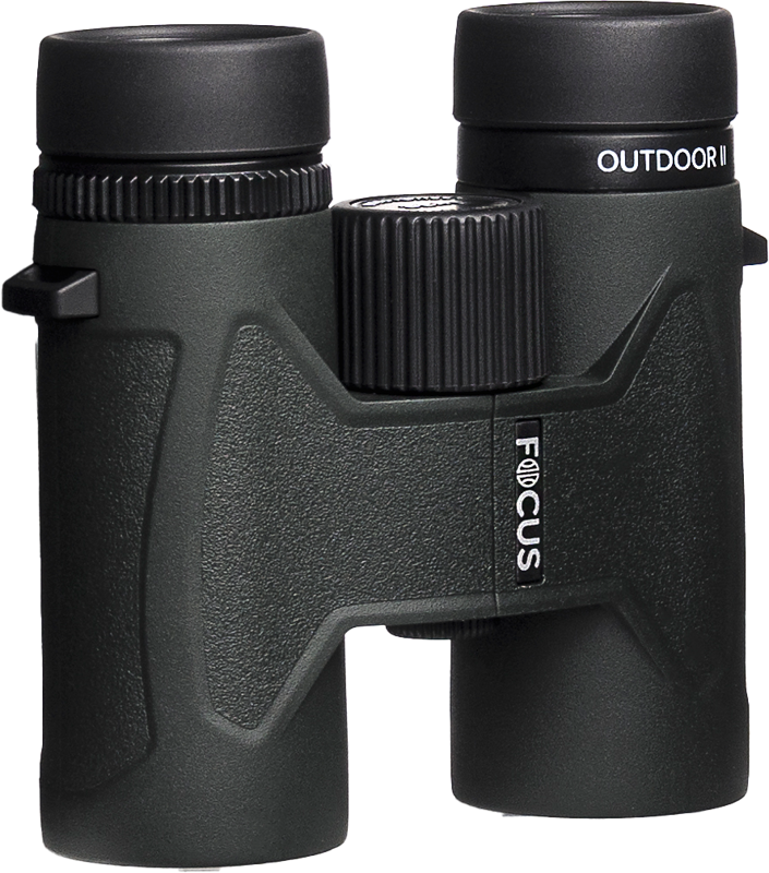 800q-03_124816 Musta Focus Outdoor II 8x32 -kiikari, jossa on kuvioidut kahvat ja keskitarkennuspyörä.
