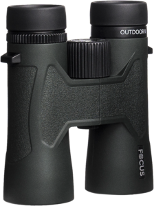 800q-03_124818 Focus Outdoor II 10x42 binoculars, a black binocular with textured handles and a central focusing wheel, standing upright against a light background.