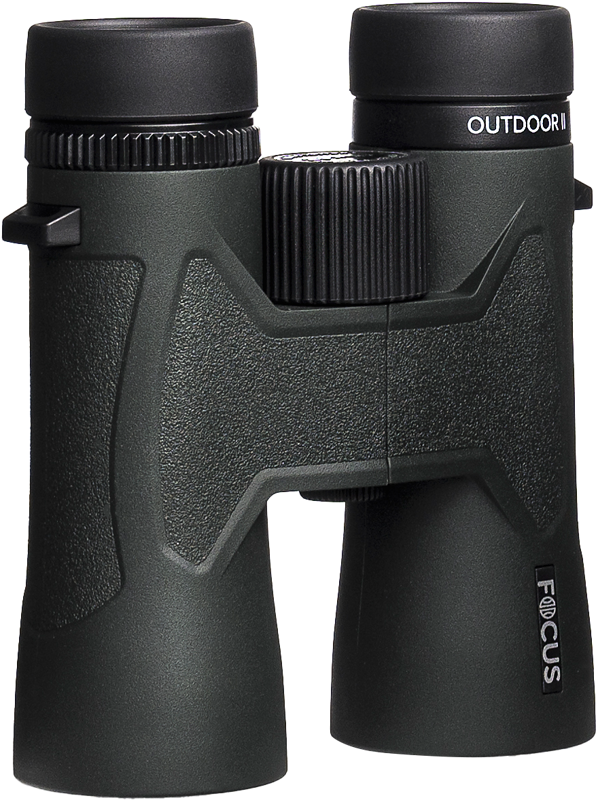 800q-03_124818 Focus Outdoor II 10x42 binoculars, a black binocular with textured handles and a central focusing wheel, standing upright against a light background.