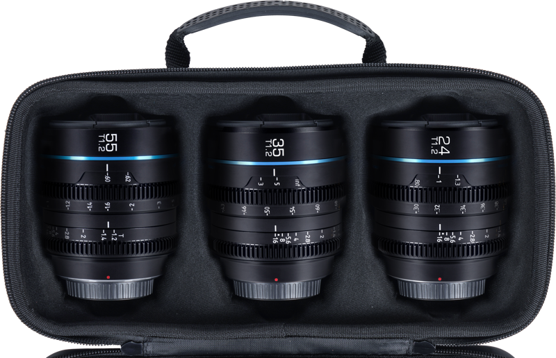 Sirui Cine Lens Nightwalker S35 Kit sisältää 24mm, 35mm ja 55mm T1.2 L-Mount-objektiivit mustana, siististi vierekkäin pehmustetussa kantolaukussa, jossa on omat lokerot.