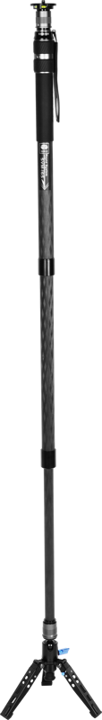 800q-03_127679 The Sirui SVM-165 Rapid System Monopod is a black carbon fibre monopod with a handle, adjustable parts and a small tripod base with three folding legs at the bottom.