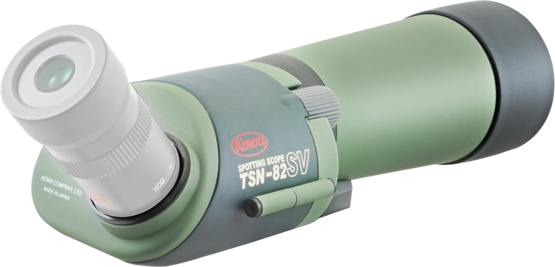 800q-03_4110000153 KOWA Spottingscope TSN-82SV, joka on kuvassa vihreän ja harmaan sävyinen ja jossa on valkoinen okulaari, näyttää tuotemerkkinsä ja mallin tiedot sivulla vaaleaa taustaa vasten.