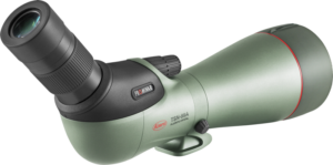 Vihreä ja musta KOWA Spottingscope TSN-99A PROMINAR 30-70xW zoom -kaukoputki, jossa on suuri objektiivi, kulmikas okulaari, säätönuppi ja rungossa merkintä "Kowa PROMINAR TSN-99A".