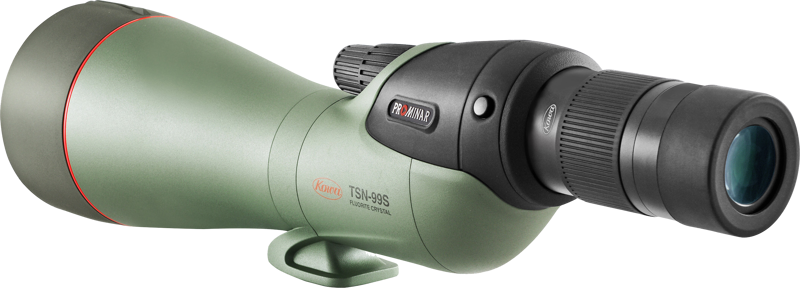 Vihreä ja musta kulmikas KOWA Spottingscope TSN-99S PROMINAR 30-70xW zoom, jossa on suuri objektiivi, kuvioitu tarkennusnuppi ja säädettävä okulaari.