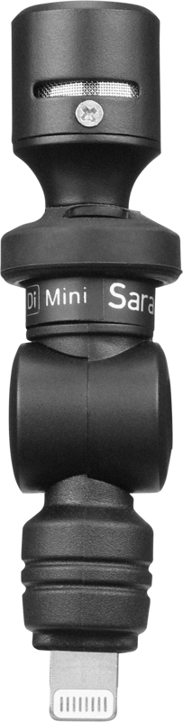 800q-04_117406 Lähikuva Saramonic SmartMic Di Ministä, mustasta, kompaktista ulkoisesta mikrofonista, jossa on Lightning-liitin ja joka on suunniteltu käytettäväksi yhteensopivien mobiililaitteiden kanssa.